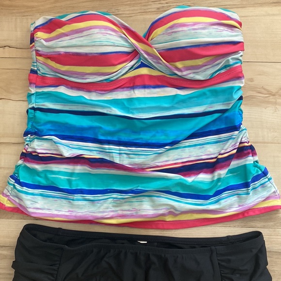 2 Bamboo Womens L Two Piece Swimsuit. Pretty Stripe Tube top with Black Bottoms - Picture 2 of 6